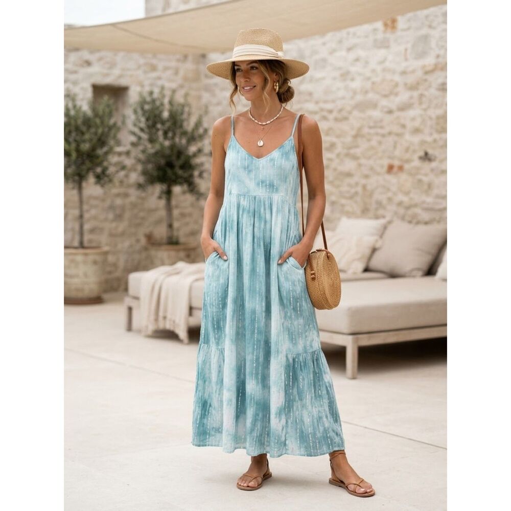 Aerie Womens Maxi Dress Sz L Beachy Boho Flowy Festival Summer Babydoll Blue